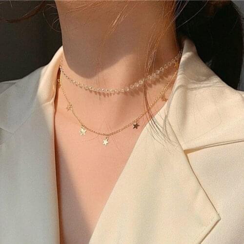 Chic Korean Style Crystal Beads Star Charms Choker Necklace Women Temperament Double Layer Neck Chocker Necklace Jewelry YN1674