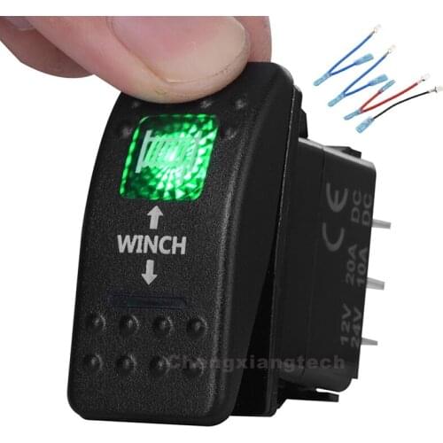 Green Led Printed Rocker Switch Winch In/Out 7P Momentary ON/OFF/Momentary ON DPDT 12V/24V+Jumper Wires Set Car Boat Waterproof