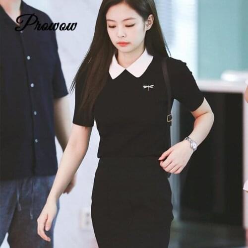 2020 Summer Designer New Women Clothes Slim Top Black Knitted Short-sleeved Dragonfly Embroidery White Lapel Casual Tshirt Tee