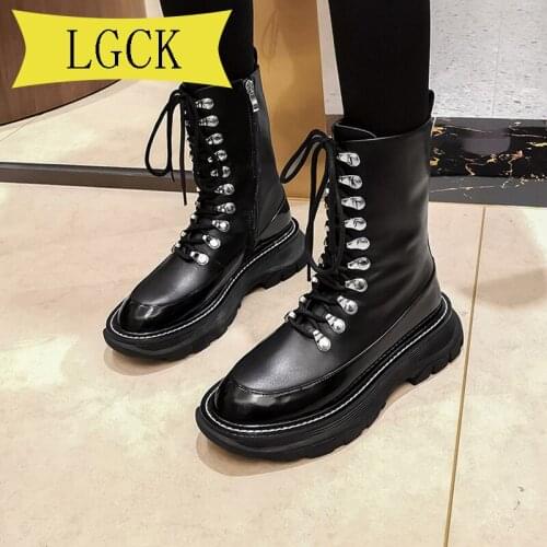 Plus Size 34-40 Punk Style Platform Women Ankle Boots Womens Motorcycle Boot Fashion Ladies Chunky Shoes Metal Decor Black