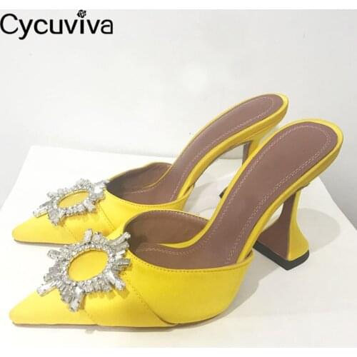 Sunflower Rhinestone Women Slippers Pointed Toe Cup Heels Stain Ladies Mules Summer Party Dress Brand Runway Crystal Shoes Women