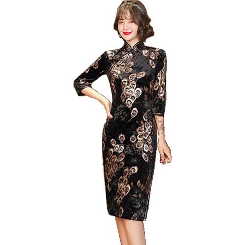 Shanghai Story 3/4 Sleeve Velvet Qipao Knee Length Cheongsam for Women Autumn Winter 4 Color