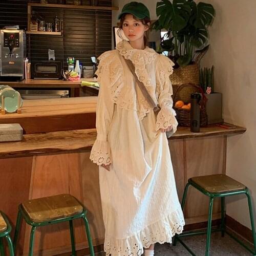 Ruffles Spring Party Dress Women Designer Runway Long Dress Pleated Hollow Out Casual Loose Flare Sleeve Vintage Korean Dress