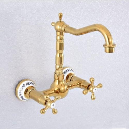 Golden Wall Mounted Swivel 360 Basin Faucets Bath Faucets Double Handle Bathroom Sink Washbasin Water Mixer Tap zsf620