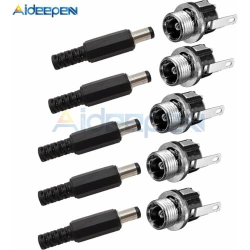 10PCS (5Pairs) 16V 1A 5.5x2.1mm Plastic Male Plugs DC-025M DC Power Socket Female Jack Screw Nut Panel Mount Connector 5.5*2.1MM