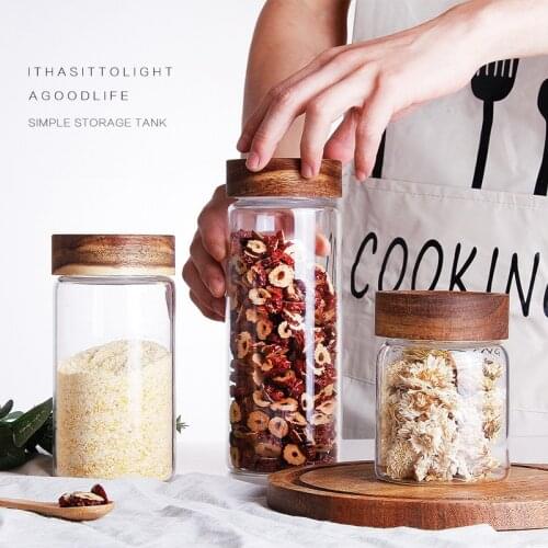 800ml Storage Tank Food Container Wood Covered High Borosilicate Food Sealed Glass Transparent Tank Kitchen Grain Organizer
