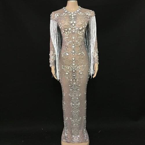 Bling Rhinestones Tassel Mesh Long Dress Birthday Celebrate Prom Party Dress Nightclub Female Singer See Through Dress