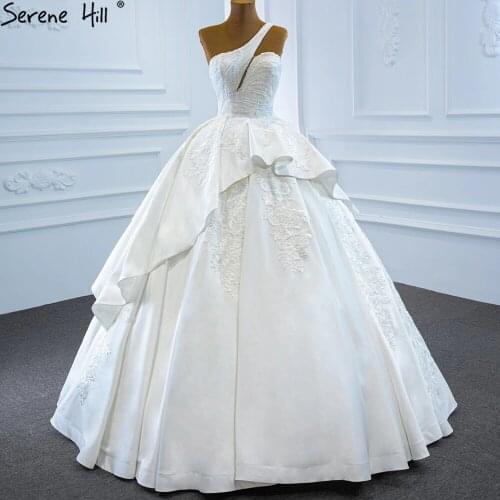 White One Shoulder Wedding Dresses Long 2020 Satin Beading High-end Princess Bride Gowns BHM67207 Custom Made Serene Hill