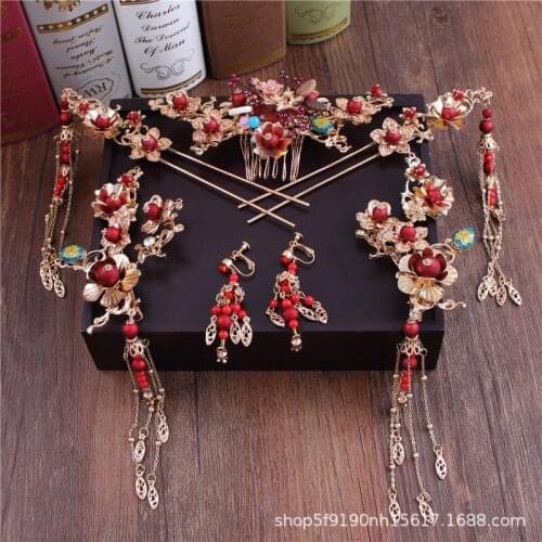 2021 New Chinese Bridal Headdress Set Red Xiu He Dress Cheongsam Vintage Wedding Hair Ornaments Ancient Accessories