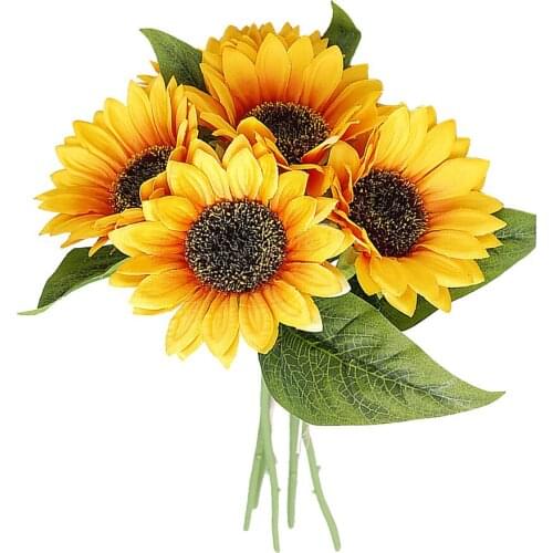 Fake Flower Bouquet 5 Artificial Plants Silk Sunflowers Photography Props Home Party Wedding Decoration Hand Holding Flowers