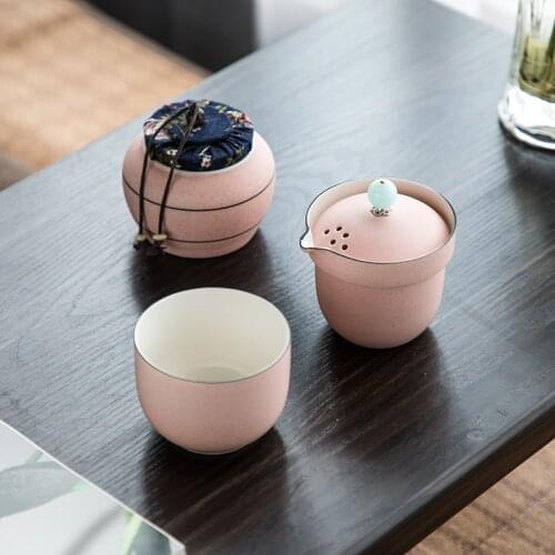 Pink Blue Pottery One Pot One Cups Tea Sets Portable Travel Home Office Cups Ceramic Tea Coffee Container With Bag and Tea Can