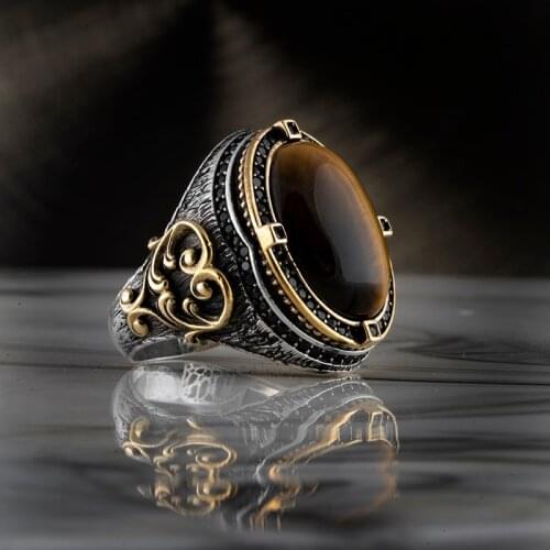 Guaranteed High-quality 925 Sterling Silver TİGER EYES STONE ring Jewelry Made in Turkey in a luxurious way for men with gift
