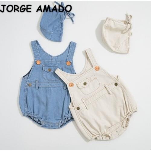 2021 New Autumn Baby Girls Boys Bodysuit Sling Sleeveless Square Collar Denim Jumpsuit with Cap Kids Clothing 0-3 Years E243