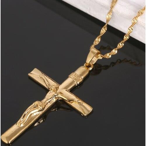 Gold Color Cross Pendant Necklace INRI Crucifix Jesus Men Catholic Christmas Cross Jewelry