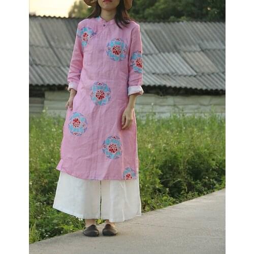 Retro Bead Button Stand Collar Rose Flower Pattern Pink Pure Ramie Linen Dress, Classic Palace Style High End Digital Print Robe