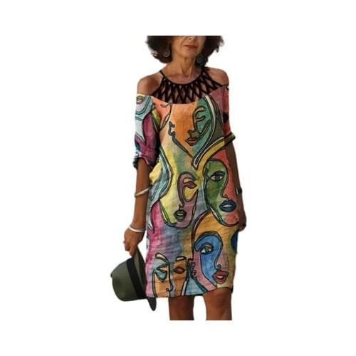 Fashion Retro Printing Women Dress Sexy V-Neck Short Sleeve Loose Beach Homewear Dress Summer Casual Comfy Female Model Dress