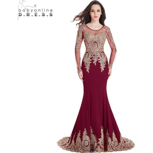Real Image Cheap Burgundy Long Sleeve Mermaid Lace Prom Dresses Sexy Sheer Back Evening Party Dress Vestido de Festa Longo