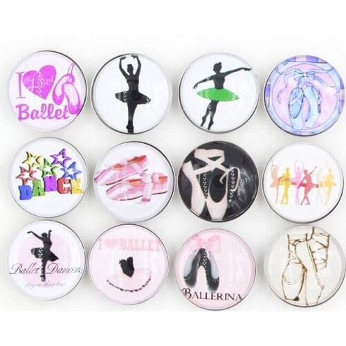 24pcs DIY Interchangeable Snap Jewelry 18mm Cabochon Glass Ballet Shoe Ballerina Button for Snap Necklace Bracelet Earring Rings