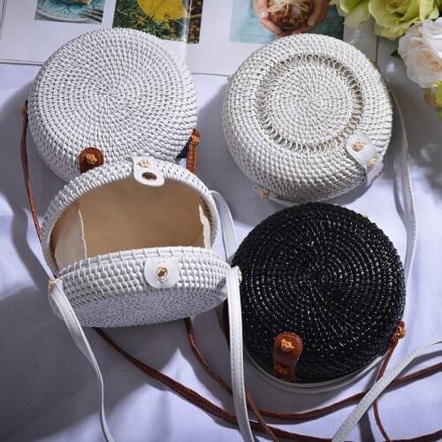 Circle Bohemia Handbag Bali Box 2021 Black White Round Straw Bags Women Summer Rattan Bag Handmade Woven Beach Cross Body Bag