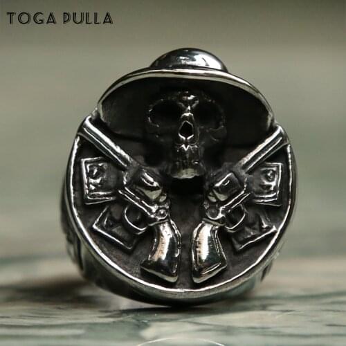 Vintage Huge Heavy Cool Skull Ring Cool 316L Stainless Steel Double Guns Big Skull Ring Male Gothic Punk Biker Jewelry Size 8-14