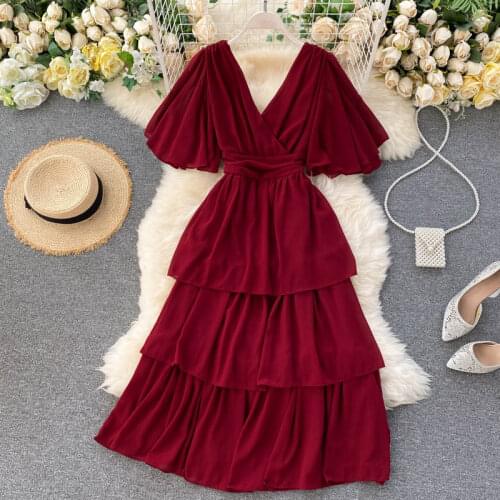 Party Vintage A-Line Boho Ruffle Solid Wine Red Summer Short Sleeve Sexy Floral Elegant Solid Dress 2021 Chiffon Dresses Women