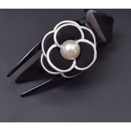 LosoDo Korean fabric adult large black word duck mouth claw clip simple pearl camellia flower hair for female hair accessories