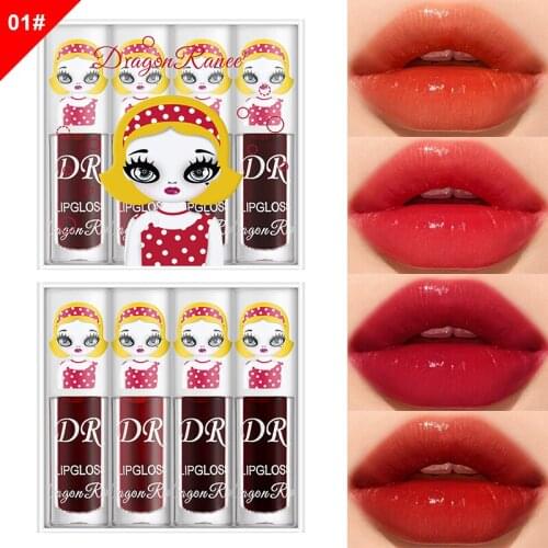 4PCS/set Mirror Water Glossy Glass Lip Lipstick Makeup Beauty Berry Color Lip Gloss Glaze Lip Dyeing Liquid Cute Jelly Lip Glaze