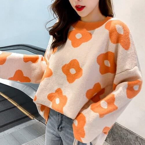 Women Fashion Floral Print O-Neck Knitted Jumper Sweater Knitted Loose Korea Pullover Knitted Office Lady Knitted Sweaters Top