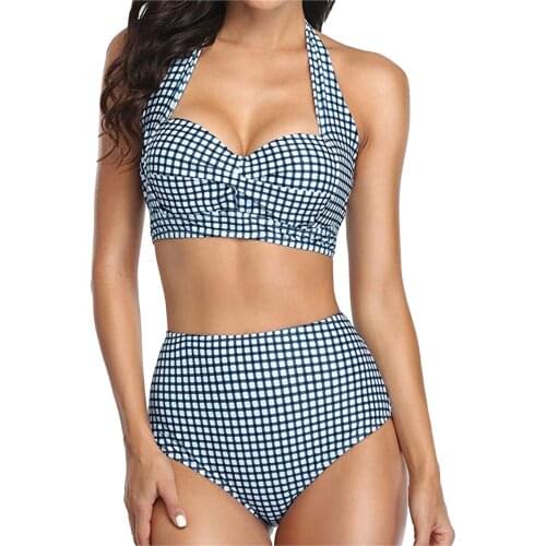 Women Vintage Swimsuit Two Piece Retro Halter Ruched High Waist Print Bikini Set