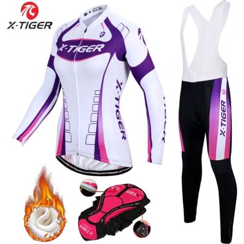 X-Tiger Women Winter Thermal Fleece Cycling Jersey Set Mountain Bike Uniform Long Sleeve Cycling Bicycle Clothing For Woman