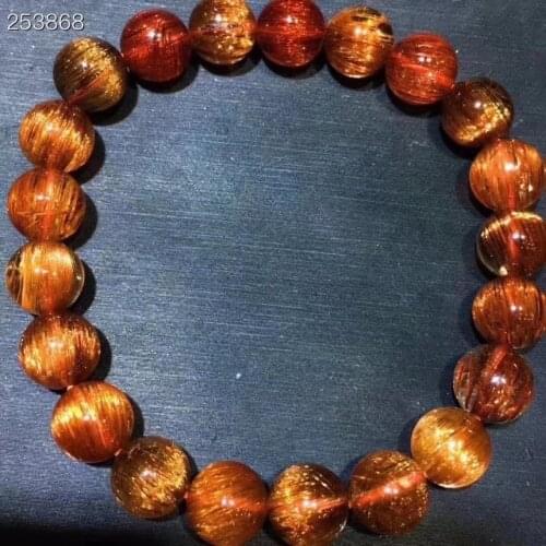 10mm Genuine Natural Copper Rutilated Quartz Clear Round Beads Bracelet Women Men Cat Eye Wealthy AAAAA