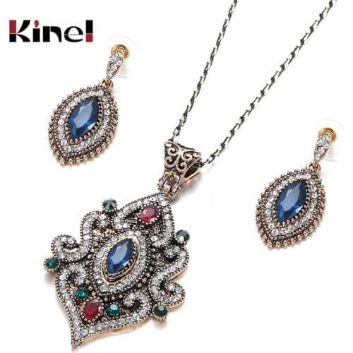 Kinel 2020 Hot Dubai Ethnic Necklace Drop Earring For Women Turkish Jewelry Sets Antique Gold Blue Stone Crystal Wedding Jewelry