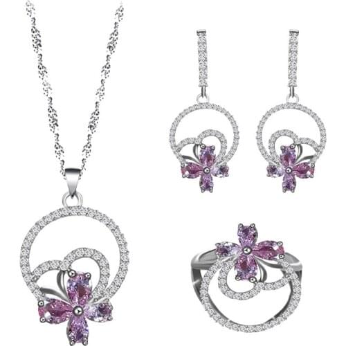 ROLILASON big sale pink cubic zircon silver color jewelry ring earring necklace set women anniversary/wedding/party JS858