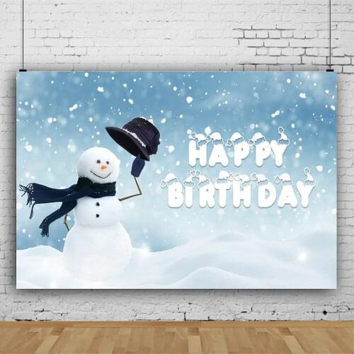 Mocsicka Winter Snowman Happy Birthday Backdrop for Photography Snow Bokeh Baby Birthday Party Photo Background Decoration Props