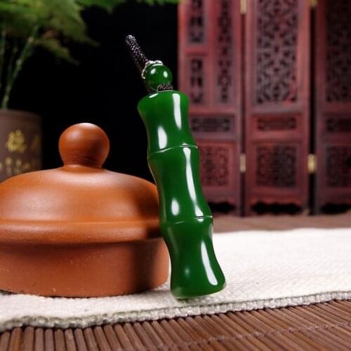 Natural Hetian jade pendant rising step by step Jasper bamboo Necklace spinach green Pendant