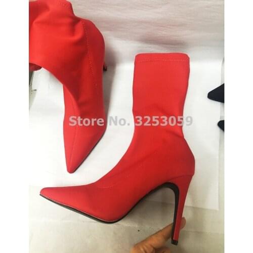 New Arrival Autumn Elastic Fabric Mid-calf Boots Red Yellow Black Pointed Toe Graceful Middle Boots Thin High Heel Dress Pumps
