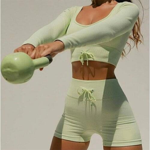 New Ribbed Seamless Yoga Set Knitting Workout Clothes Women Sportswear Long Sleeve Crop Top And Cycling Shorts Set Gym Clothing