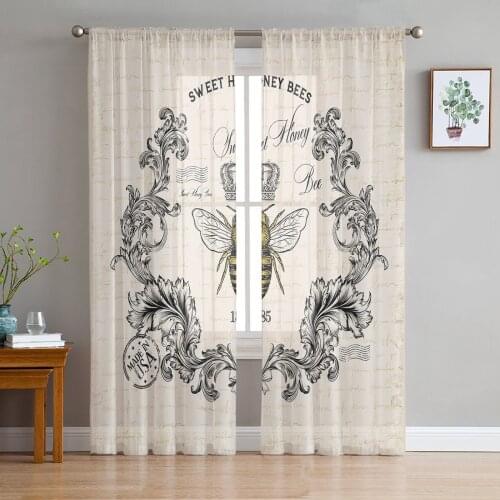 Retro Bee Crown Sheer Curtains for Living Room Bedroom Kitchen Tulle for Windows Voile Drapes Home Decoration
