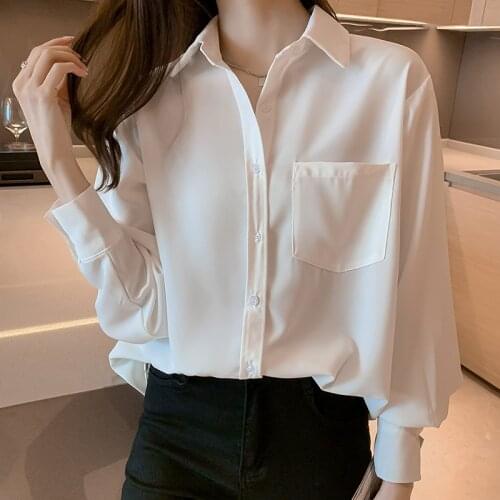 Spring casual loose office ladies shirts Long Sleeve Womens chiffon Blouses Vogue solid Shirts pockets Tops Blusas Mujer
