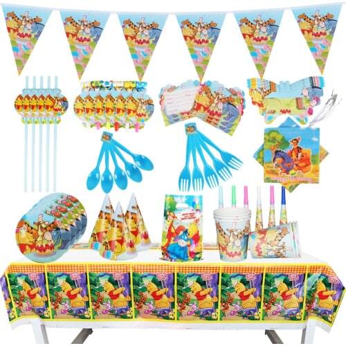Disney Pooh Bear Kids Birthday Party Quality Paper Cups Plates Flag Tablecloth Winnie ther Pooh Baby Shower Decorations Supplies
