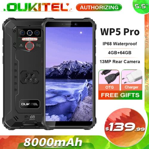 OUKITEL WP5 Pro IP68 Waterproof Smartphone 8000mAh Android 10 Triple Camera Face/Fingerprint ID 5.5 inches 4GB 64GB Mobile Phone