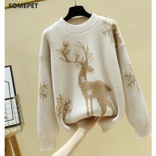 New Winter Fashion Sweater Deer Snowflake Christmas Sweater Women Coat Long Wool Knitted Korean Loose Womens Pullover Sweaters