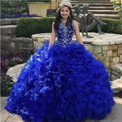Vintage Tiered Cascading Ruffles Royal Blue Quinceanera Dresses O-Neck Crystal Beads Organza Sweet 16 Dress Vestidos 15 anos