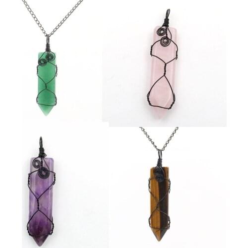 YJXP Black Gun Plated Wire Winding Pendant Necklaces Sword-shaped Natural Crystal Quartzs Amethysts Stone Unisex Jewelry Making