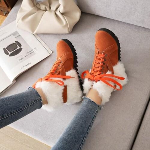 2021 Hot Autumn And Winter New Ladies Plush Ankle Boots Lace-up Plush Warm Non-slip Flat Snow Cotton Boots For Female