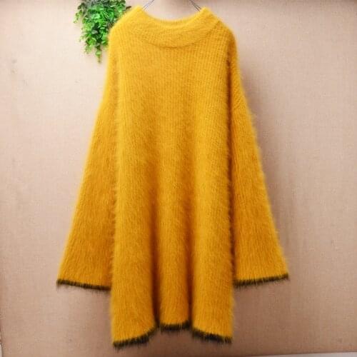 Female women autumn winter thick warm plush mink cashmere knitted long flare sleeves loose pullover angora fur jumper sweater