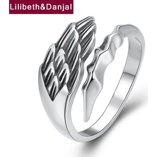 Wings Feathers Adjustable Opening Eternity Initial Tail Ring Real 925 Sterling Silver Vintage Fashion Jewelry Women Men 2021 R27