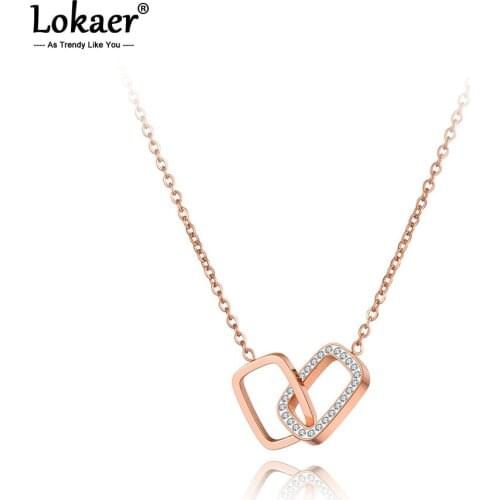 Lokaer Titanium Stainless Steel Double Rectangle Charm Choker Necklaces For Women Fashion CZ Crystal Pendant Necklace N20247