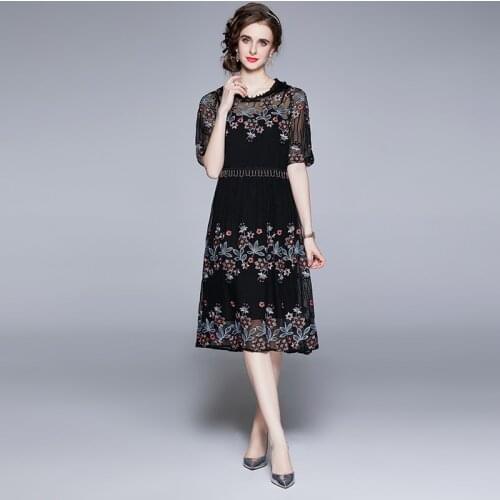 Vinatge Embroidery Flower Dress Women Half Raglan Sleeve Crew Neck Loose Waist Midi Tulle Mesh Vestidos With Lining k6809