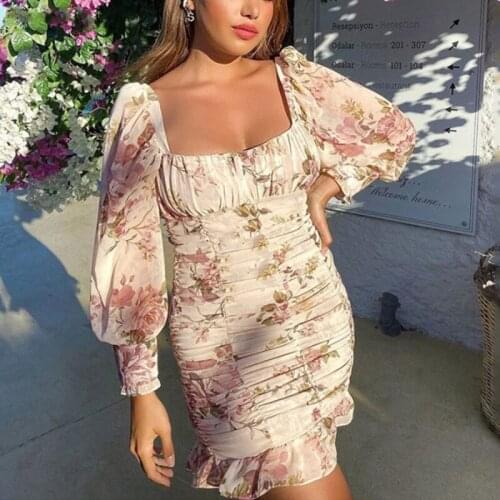 Woman Dress Square Collar Floral Print Puff Long Sleeves Bodycon Vintage Slim Draped Party Dress